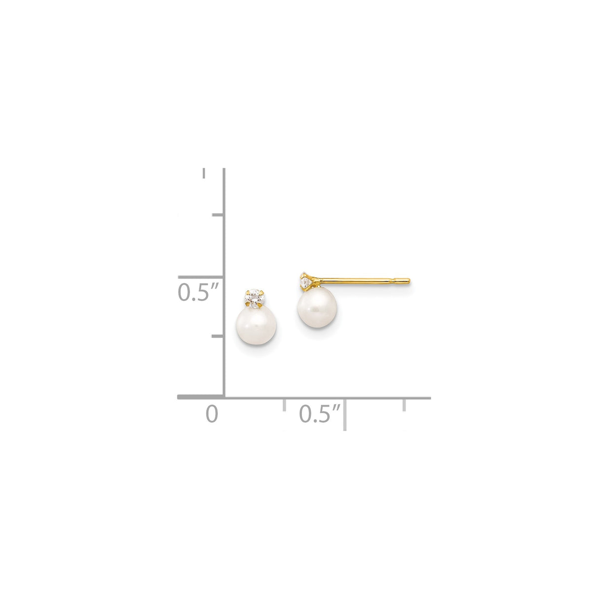14k Yellow Gold Stud Earrings with White Cultured Pearl and Cubic Zirconia, Classic and Delicate Style