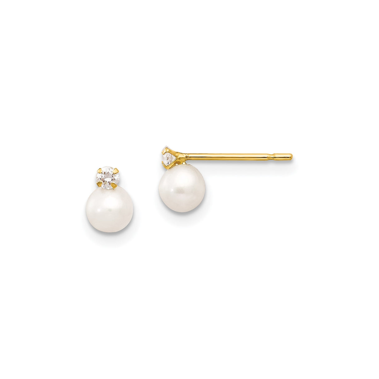 14k Yellow Gold Stud Earrings with White Cultured Pearl and Cubic Zirconia, Classic and Delicate Style