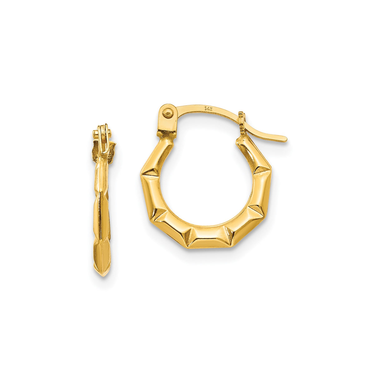 14k Yellow Gold Hoop Earrings, Small Faceted Hoops with Geometric Angular Design