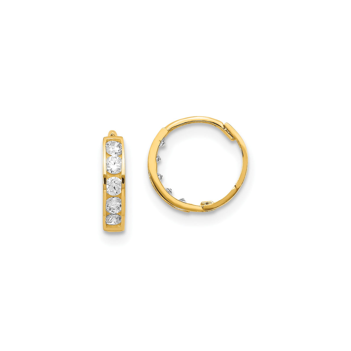 14k Yellow Gold Hoop Earrings with Cubic Zirconia in Channel Setting, Classic Polished Style