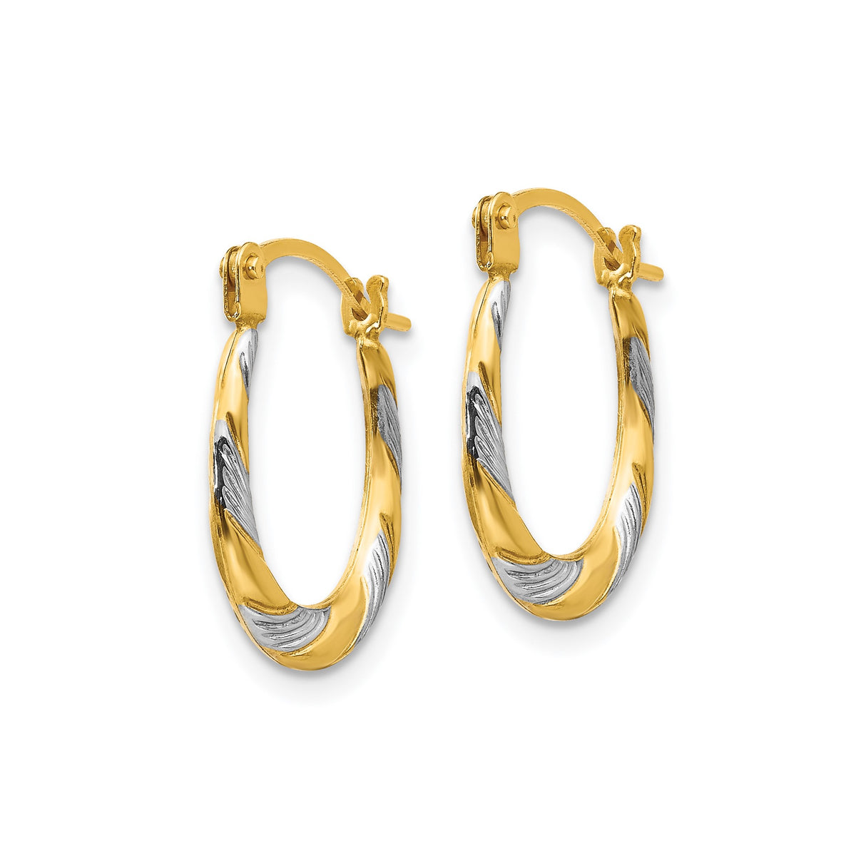 14k Yellow Gold Twisted Oval Hoop Earrings, Polished Diamond-Cut Dual Tone Design for Women