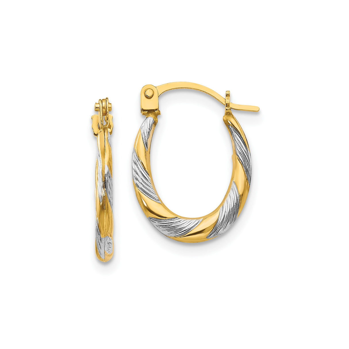 14k Yellow Gold Twisted Oval Hoop Earrings, Polished Diamond-Cut Dual Tone Design for Women