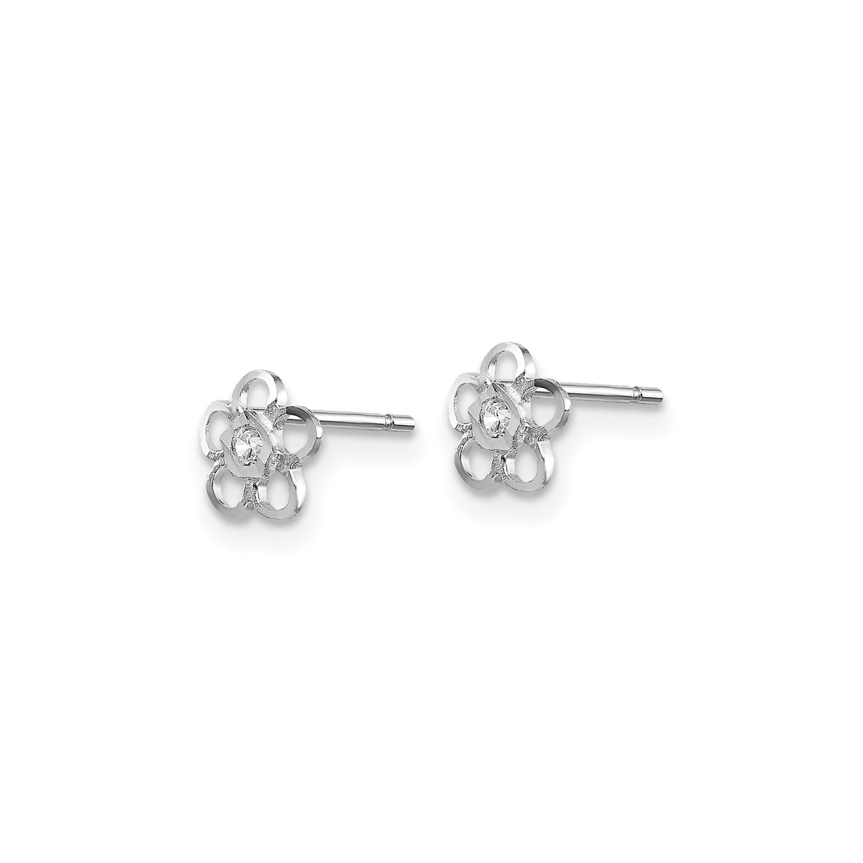 14k White Gold Stud Earrings with Cubic Zirconia, Open Petal Floral Design for Women