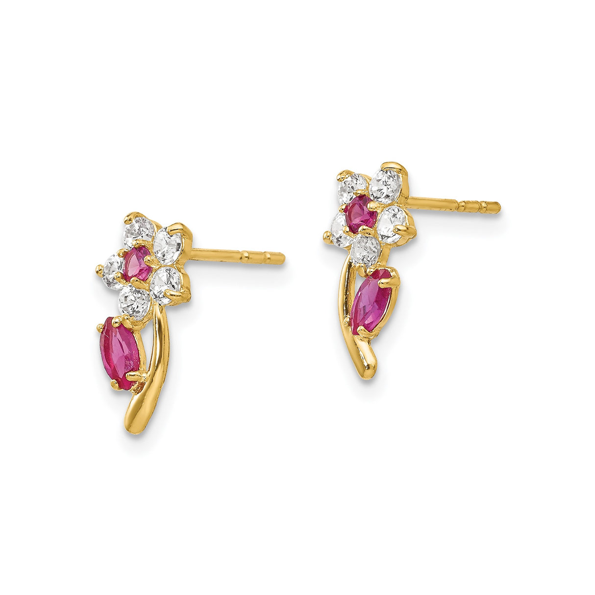 14k Yellow Gold Stud Earrings with Pink Marquise Gemstones and Cubic Zirconia Floral Design