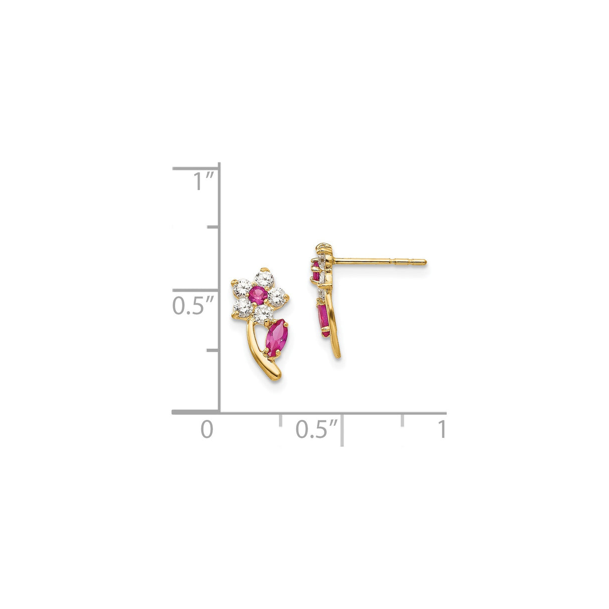 14k Yellow Gold Stud Earrings with Pink Marquise Gemstones and Cubic Zirconia Floral Design