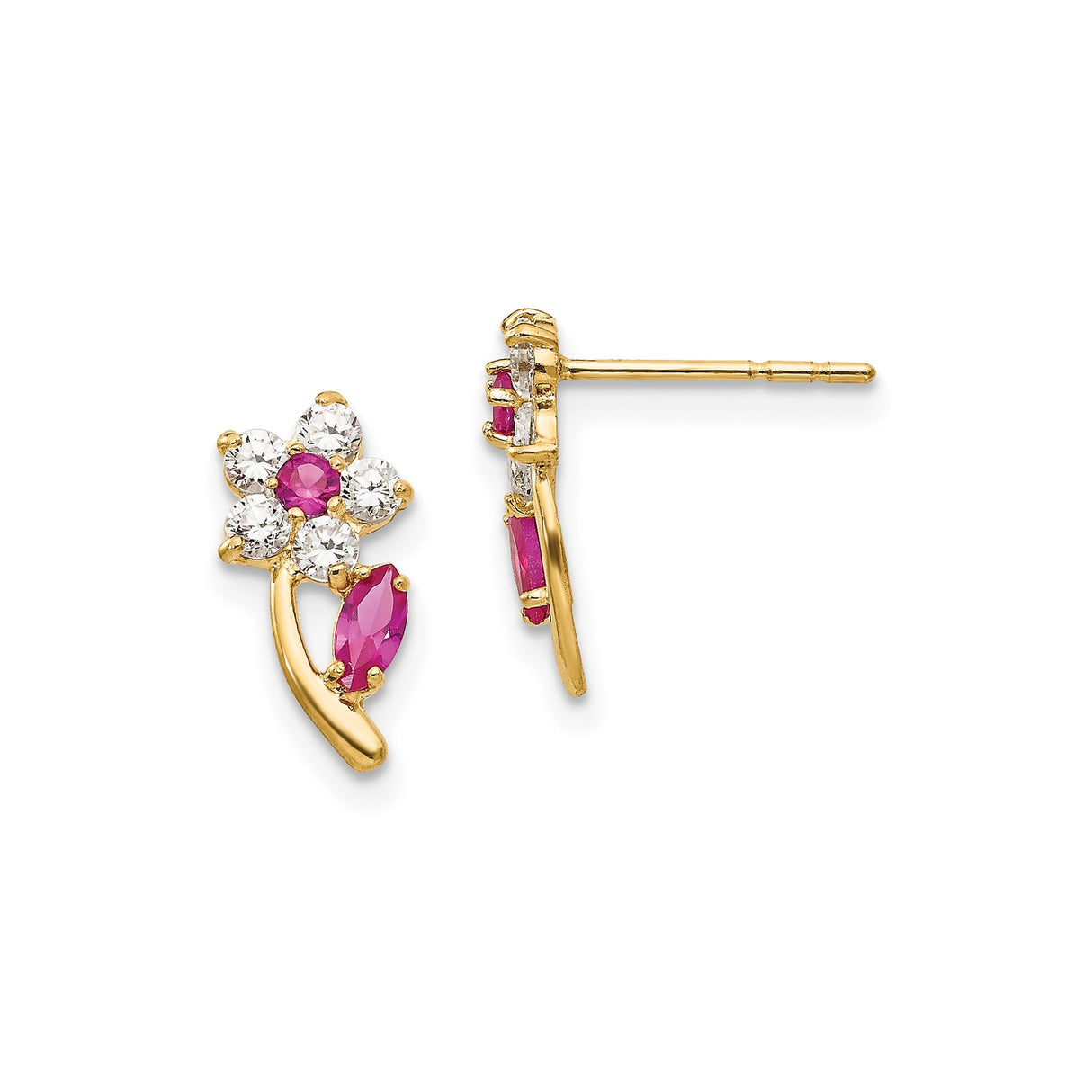 14k Yellow Gold Stud Earrings with Pink Marquise Gemstones and Cubic Zirconia Floral Design