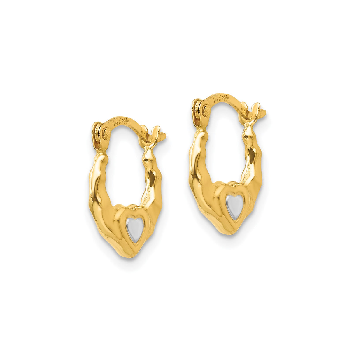 14k Yellow Gold Open Heart Hoop Earrings with Rhodium Accents, Dual Tone Polished Design for Women