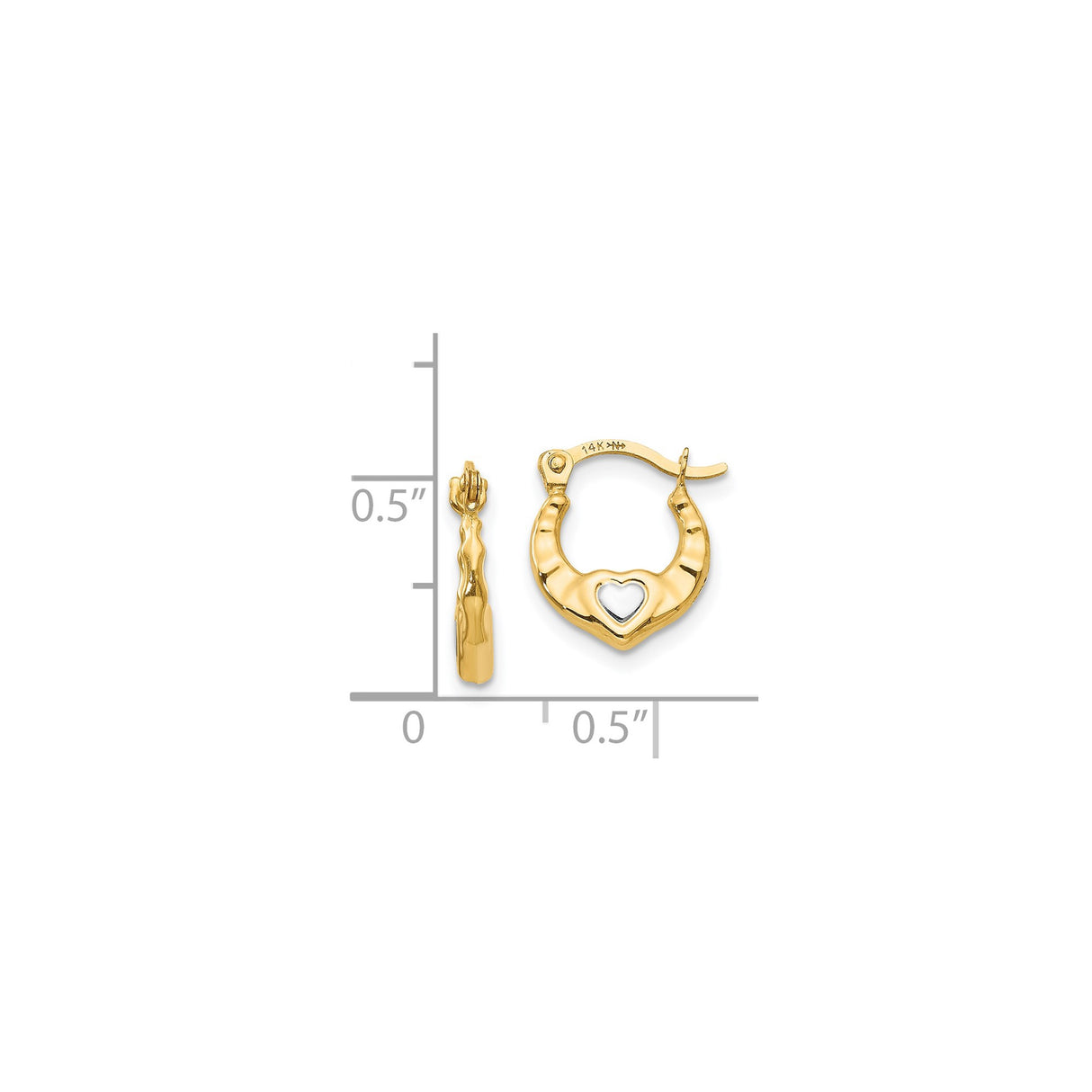 14k Yellow Gold Open Heart Hoop Earrings with Rhodium Accents, Dual Tone Polished Design for Women