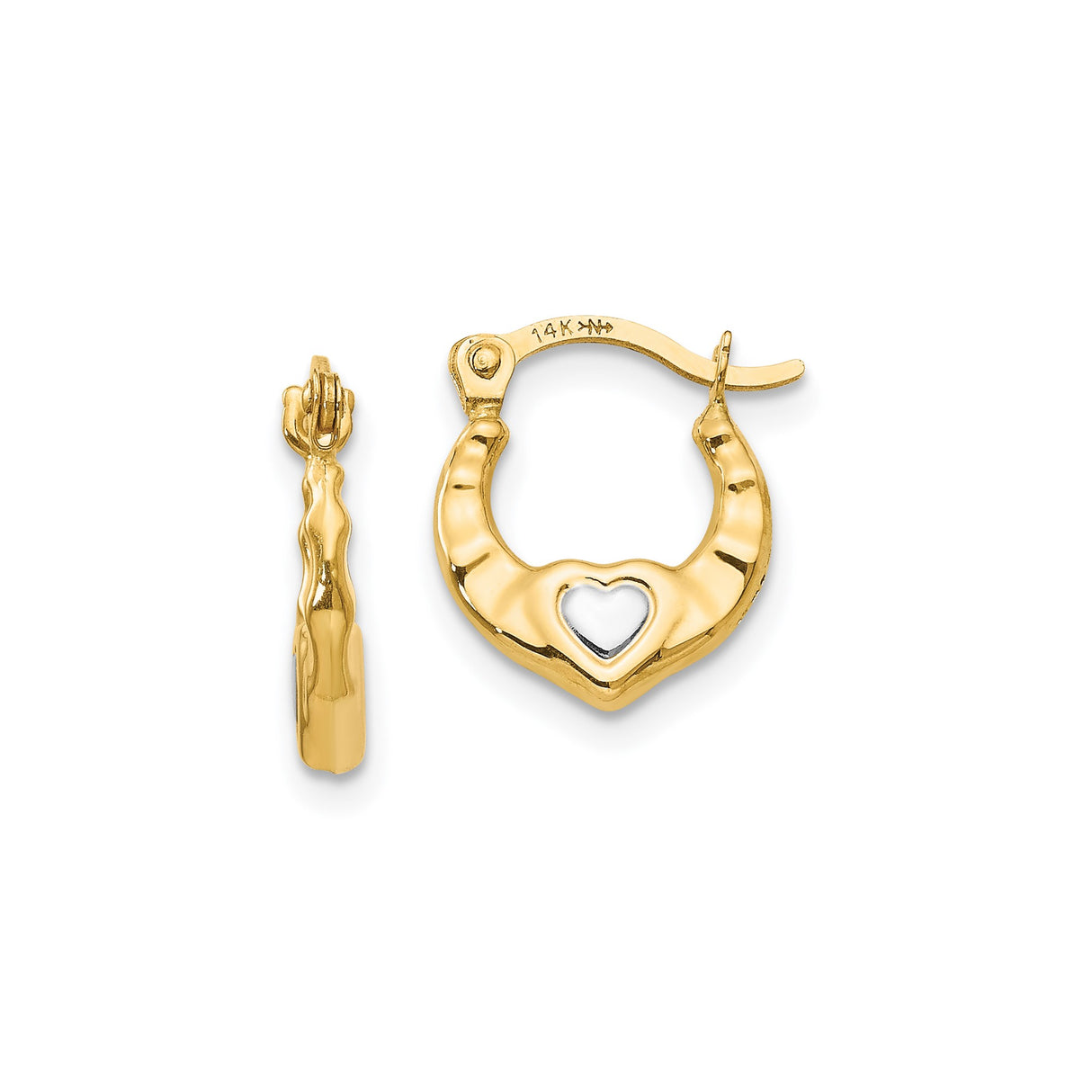 14k Yellow Gold Open Heart Hoop Earrings with Rhodium Accents, Dual Tone Polished Design for Women