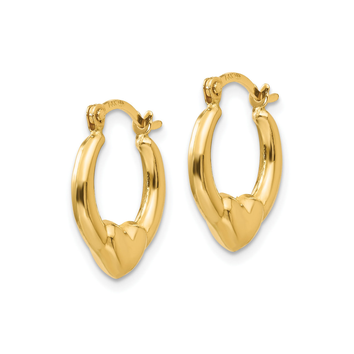 14k Yellow Gold Hoop Earrings with Polished Puffed Heart Design, Lightweight Romantic Jewelry