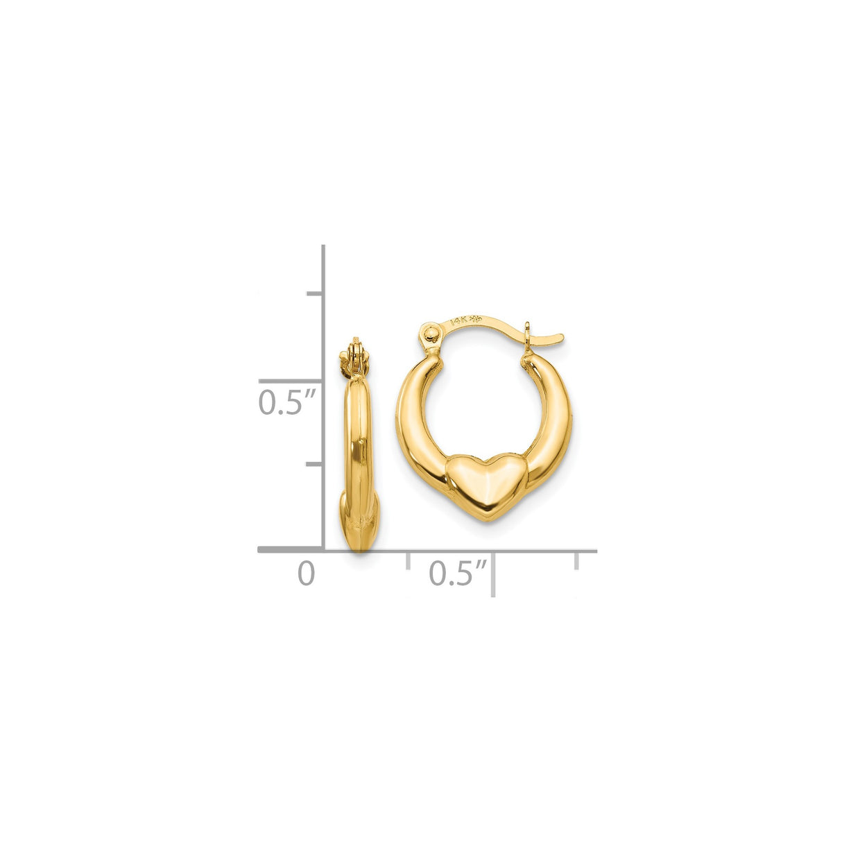14k Yellow Gold Hoop Earrings with Polished Puffed Heart Design, Lightweight Romantic Jewelry