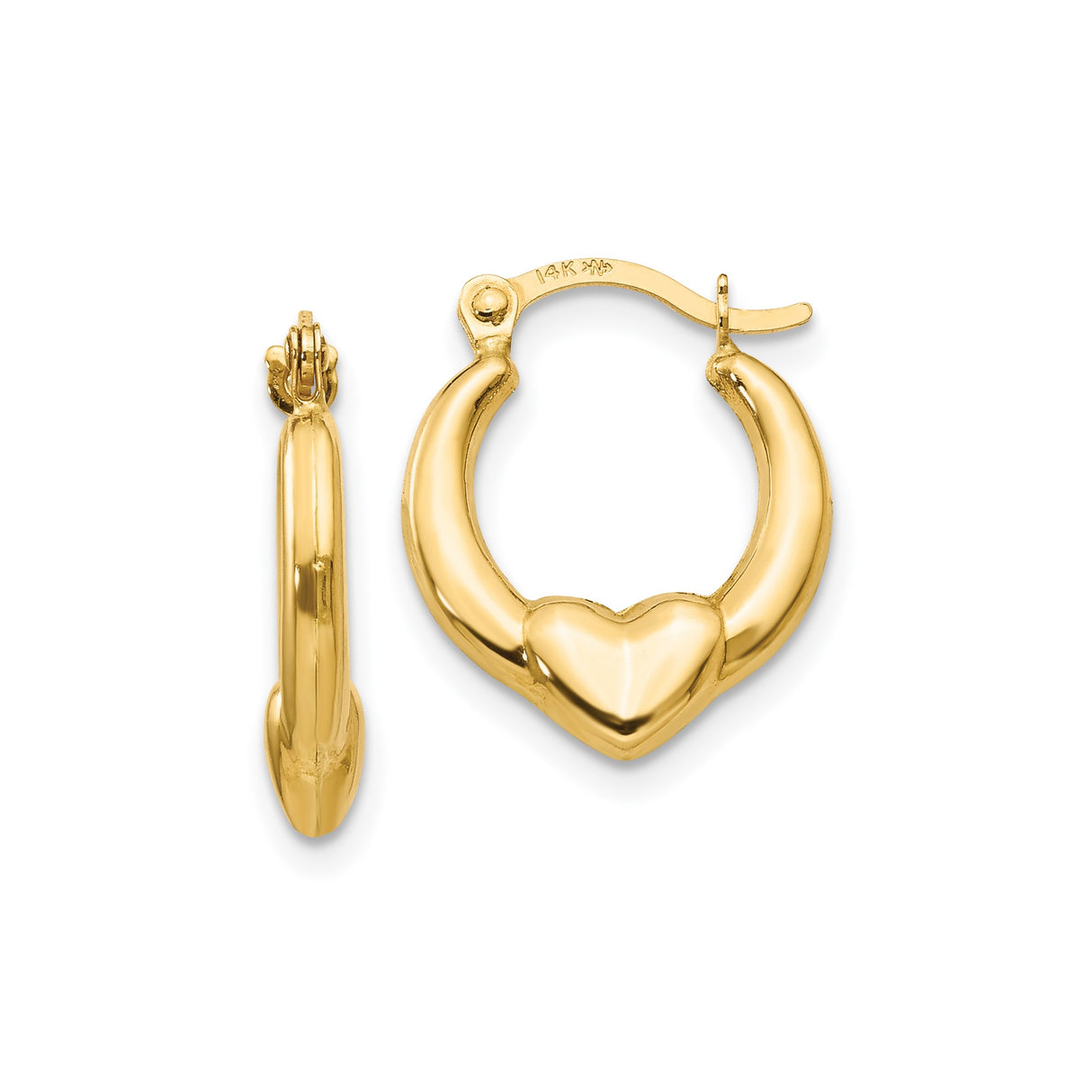 14k Yellow Gold Hoop Earrings with Polished Puffed Heart Design, Lightweight Romantic Jewelry