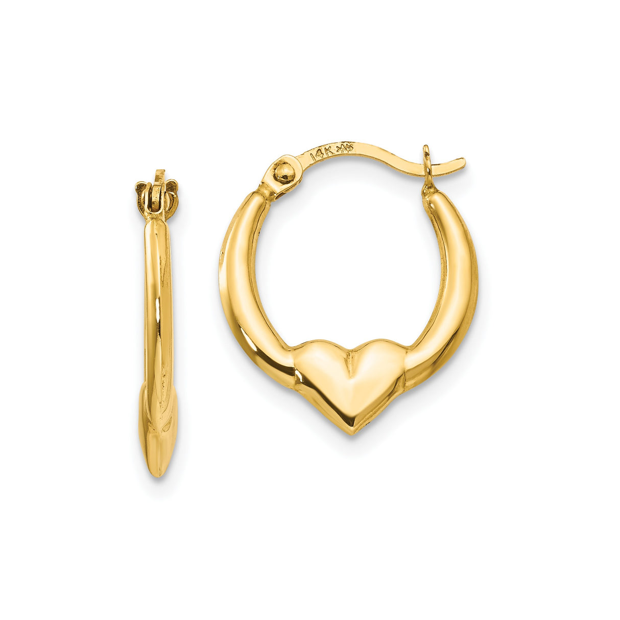 14k Yellow Gold Heart Hoop Earrings, Curved Heart Silhouette, Polished Finish for Women