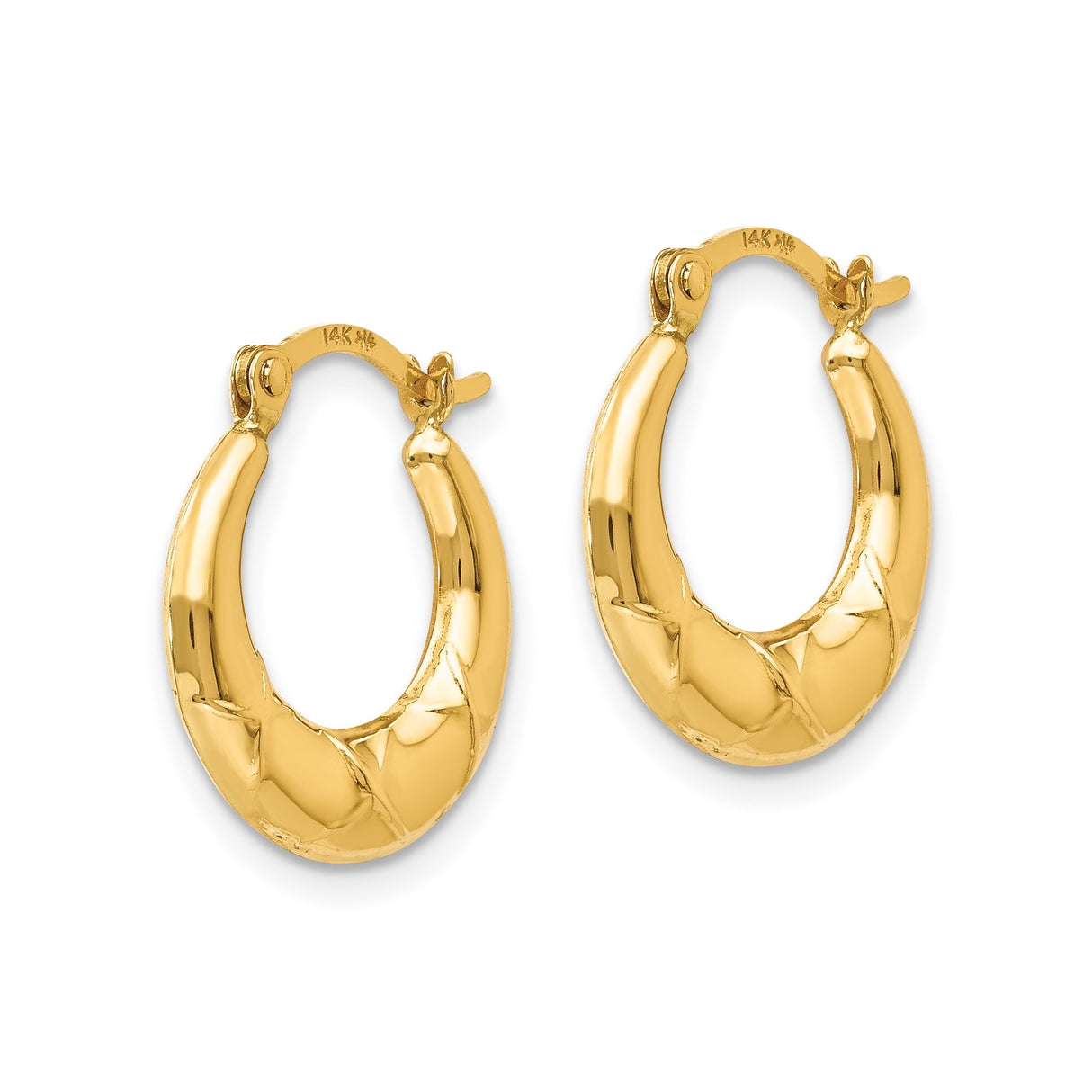 14k Yellow Gold Hoop Earrings, Diamond Cut Texture, Polished Puffed Design, Hinged Clasp