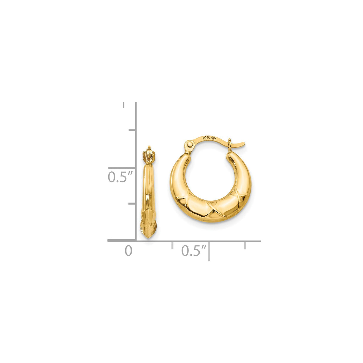 14k Yellow Gold Hoop Earrings, Diamond Cut Texture, Polished Puffed Design, Hinged Clasp