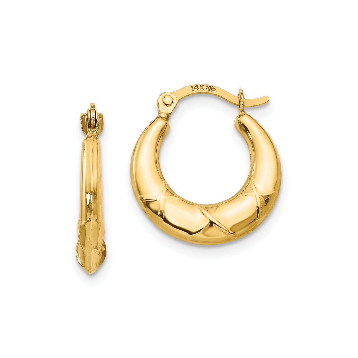 14k Yellow Gold Hoop Earrings, Diamond Cut Texture, Polished Puffed Design, Hinged Clasp