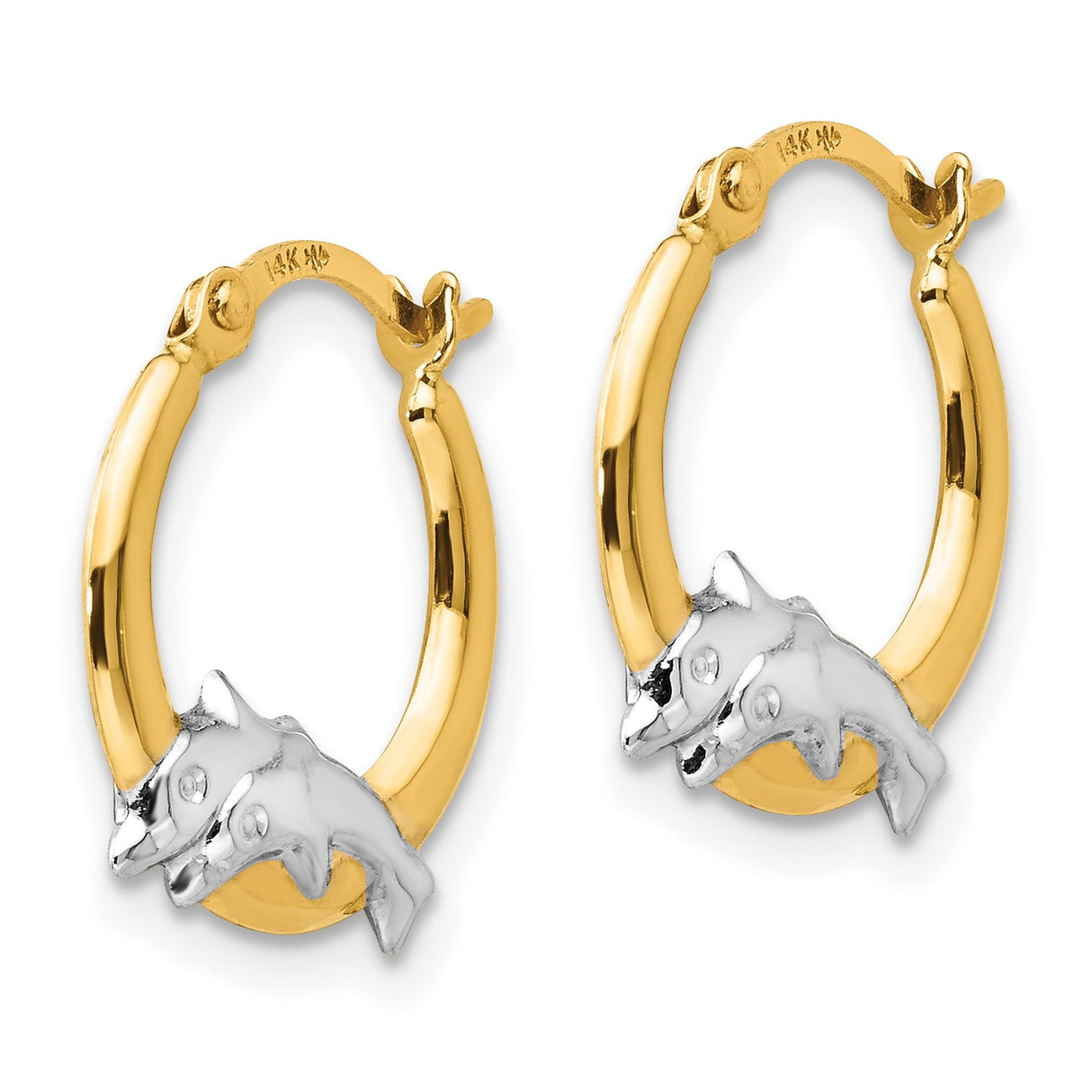 14k Yellow Gold Hoop Earrings with Sculpted Dolphins, Nautical Ocean Motif for Women