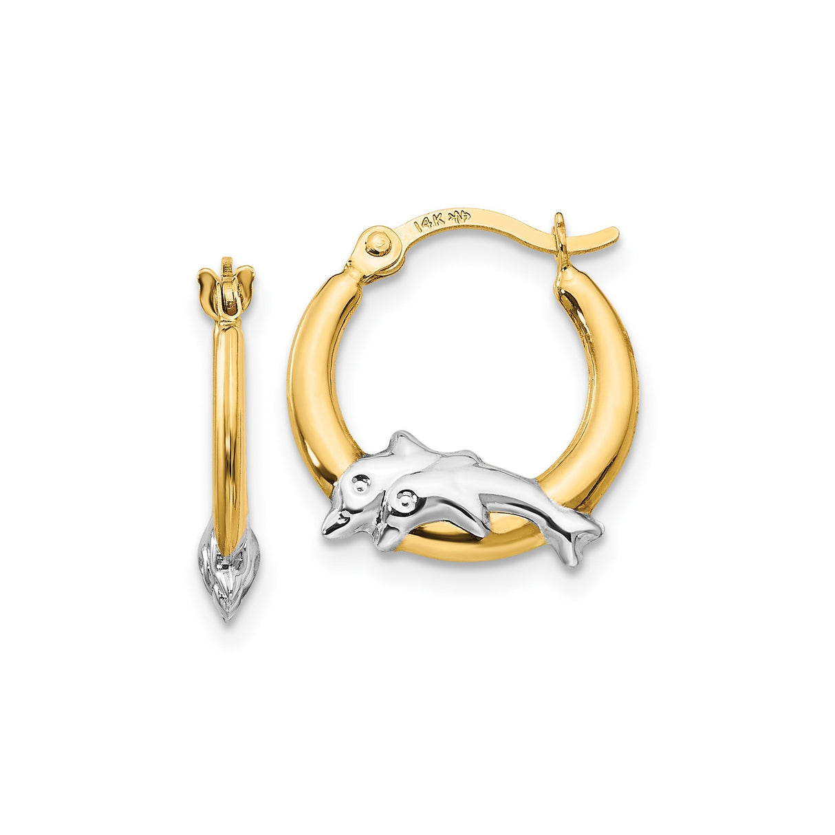 14k Yellow Gold Hoop Earrings with Sculpted Dolphins, Nautical Ocean Motif for Women