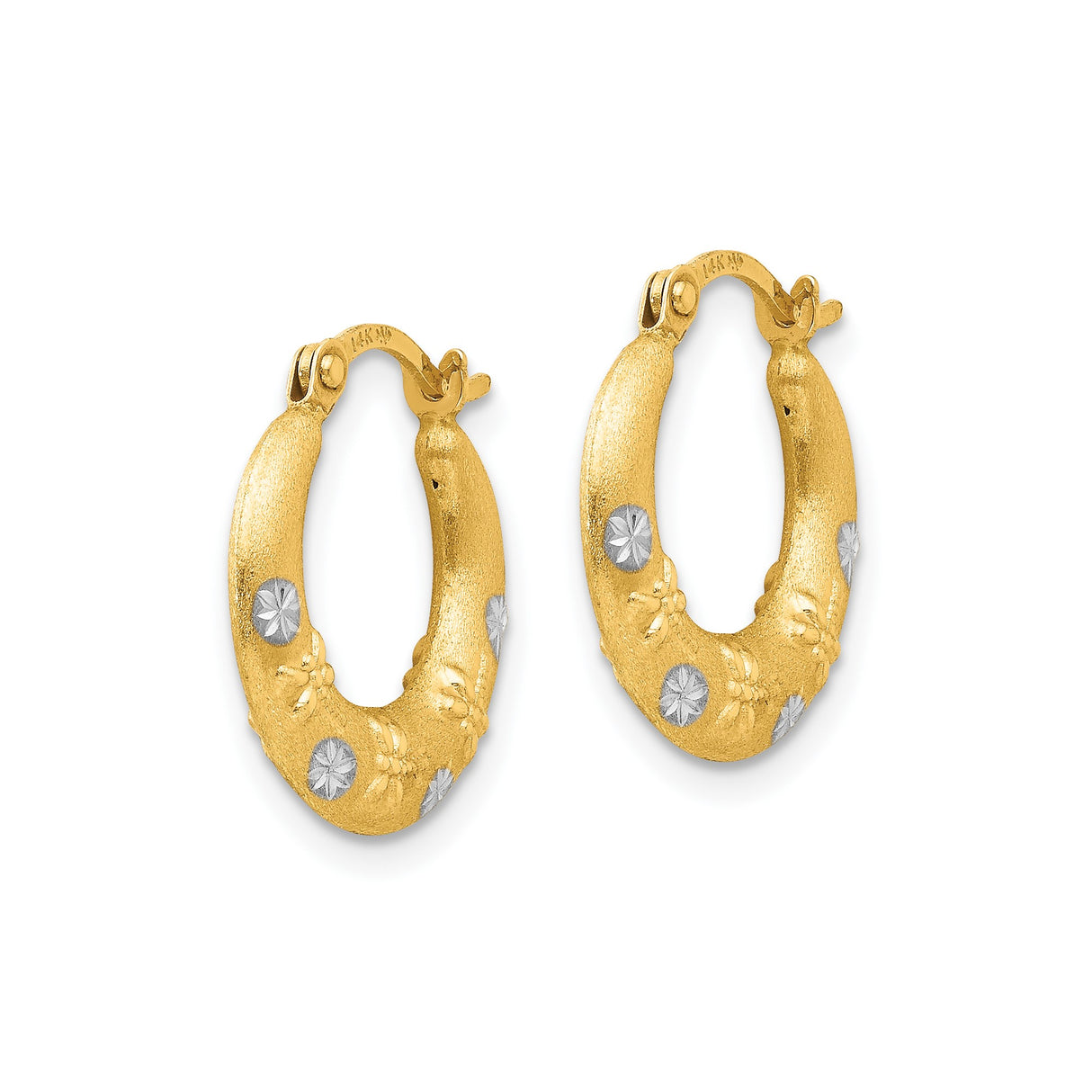 14k Yellow Gold Hoop Earrings with Textured Finish and Diamond Cut Floral Detail
