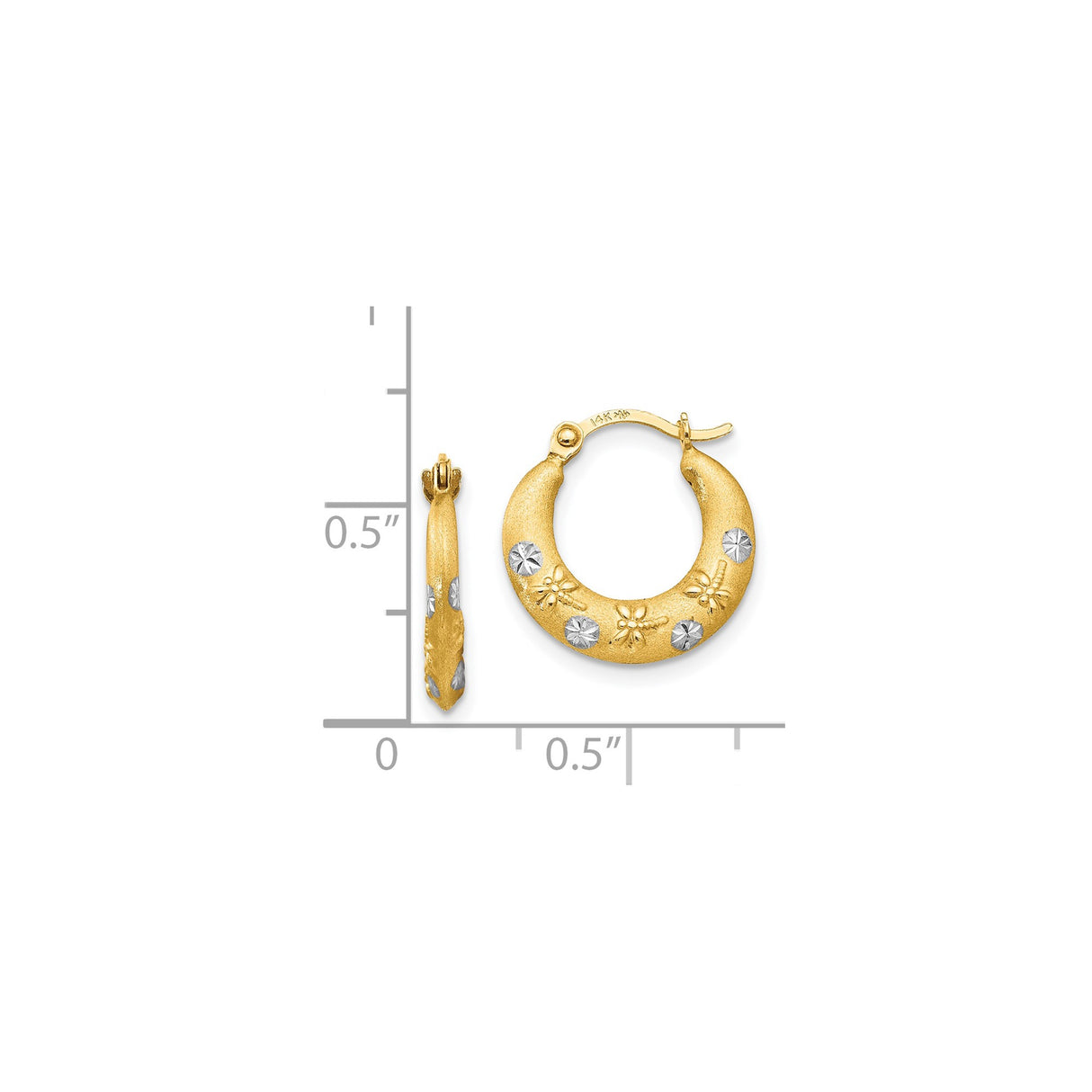14k Yellow Gold Hoop Earrings with Textured Finish and Diamond Cut Floral Detail