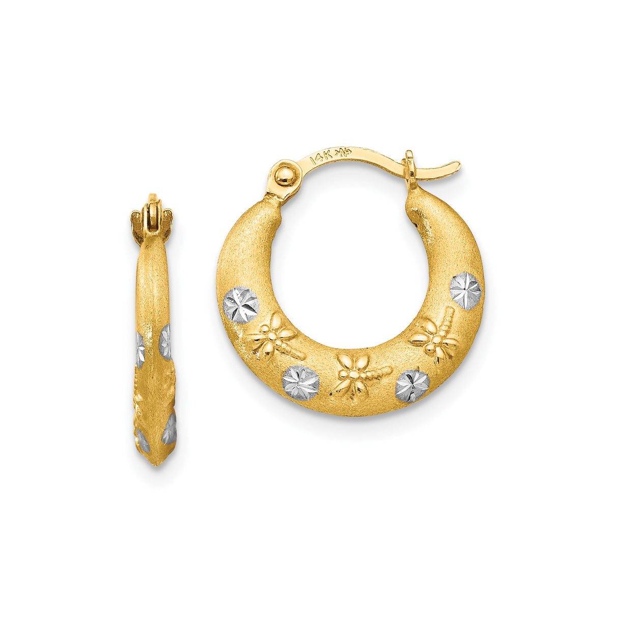 14k Yellow Gold Hoop Earrings with Textured Finish and Diamond Cut Floral Detail