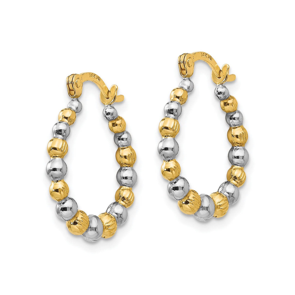 14k Yellow Gold Hoop Earrings with Rhodium Beaded Detailing, Two-Tone Textured and Polished Design