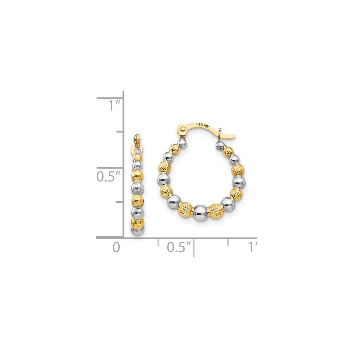 14k Yellow Gold Hoop Earrings with Rhodium Beaded Detailing, Two-Tone Textured and Polished Design