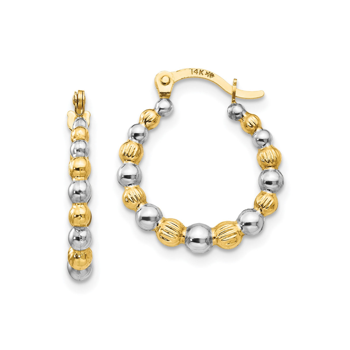 14k Yellow Gold Hoop Earrings with Rhodium Beaded Detailing, Two-Tone Textured and Polished Design