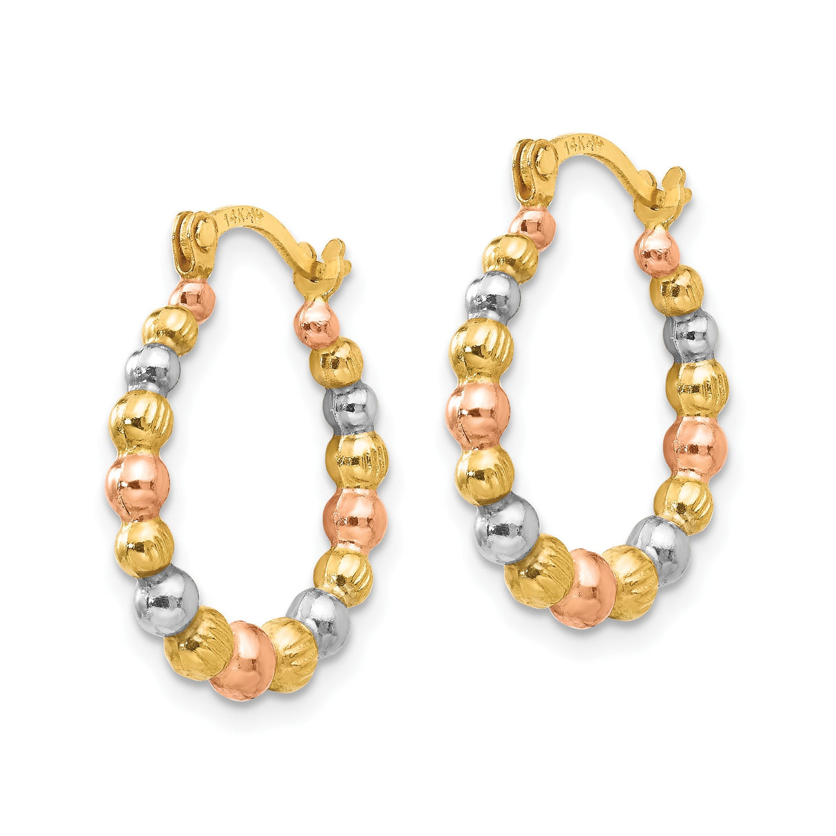 14k Yellow Gold Tri-Color Hoop Earrings with Polished and Textured Beaded Design
