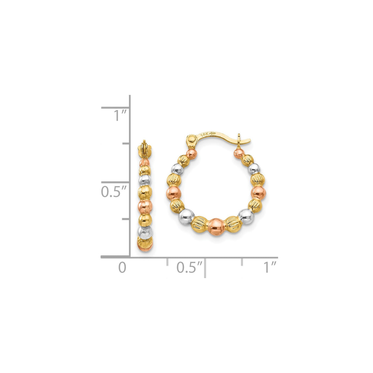 14k Yellow Gold Tri-Color Hoop Earrings with Polished and Textured Beaded Design