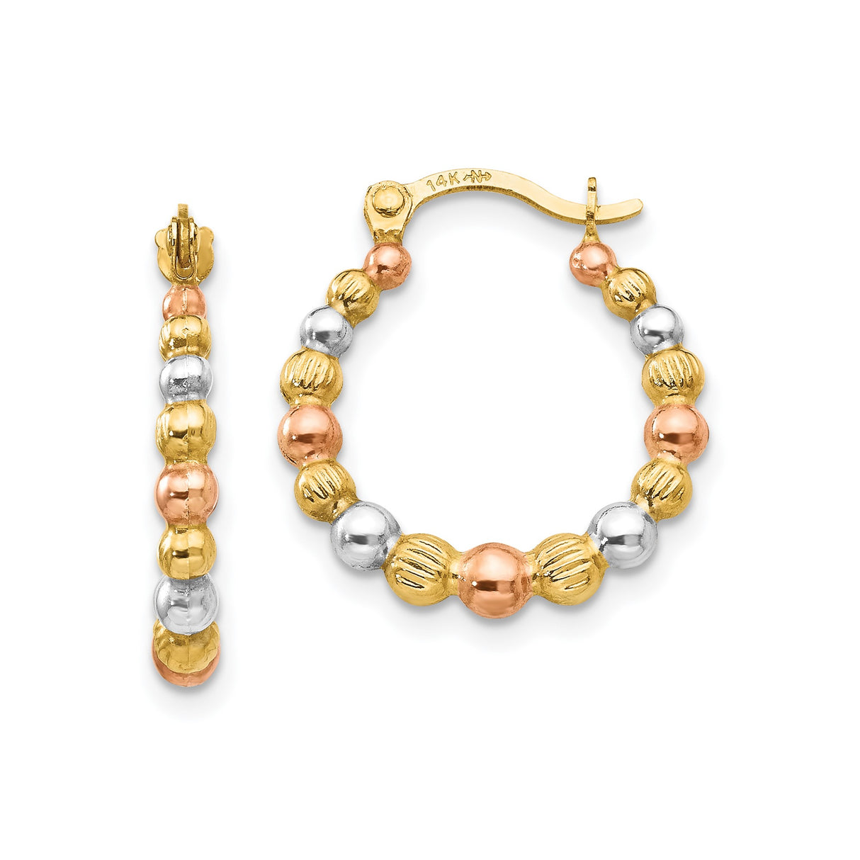 14k Yellow Gold Tri-Color Hoop Earrings with Polished and Textured Beaded Design
