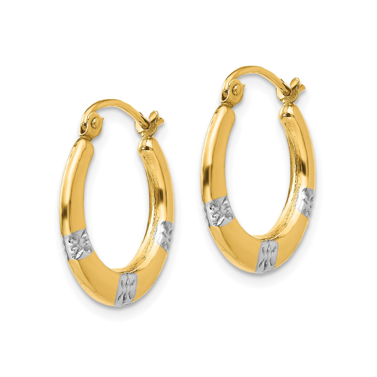 14k Yellow Gold and Rhodium Hoop Earrings with Polished Finish and Floral Accents for Women