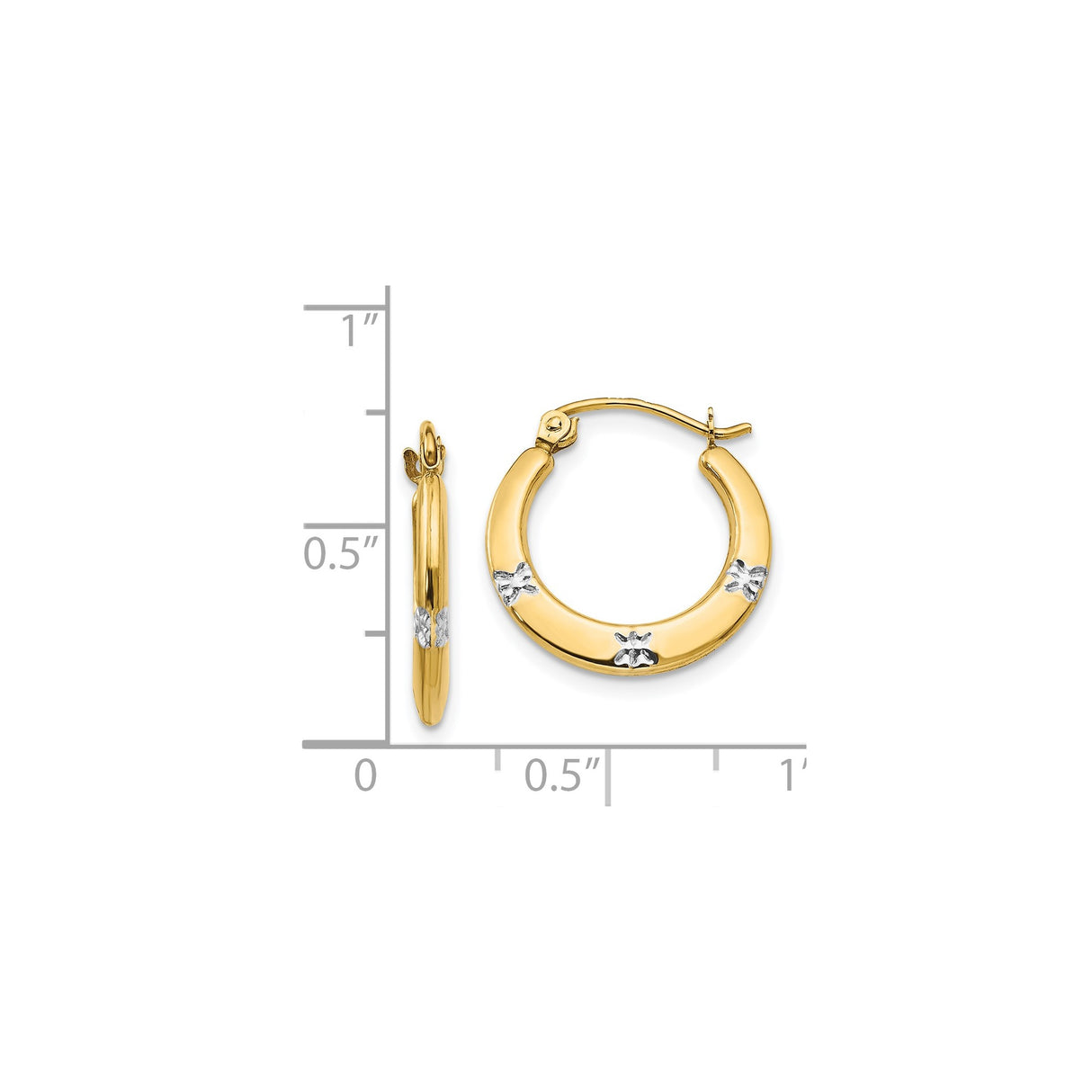 14k Yellow Gold and Rhodium Hoop Earrings with Polished Finish and Floral Accents for Women