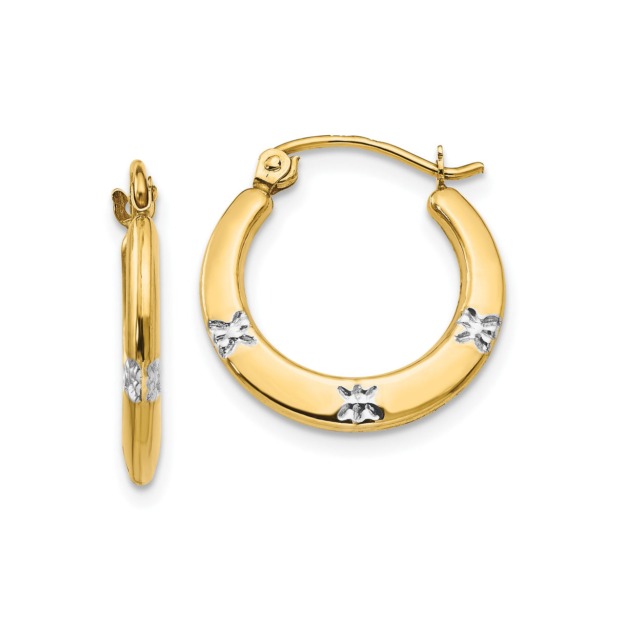 14k Yellow Gold and Rhodium Hoop Earrings with Polished Finish and Floral Accents for Women