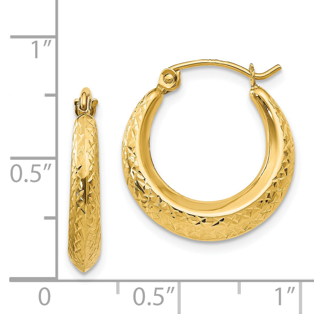 14k Yellow Gold Hoop Earrings with Tapered Design and Diamond Cut Texture