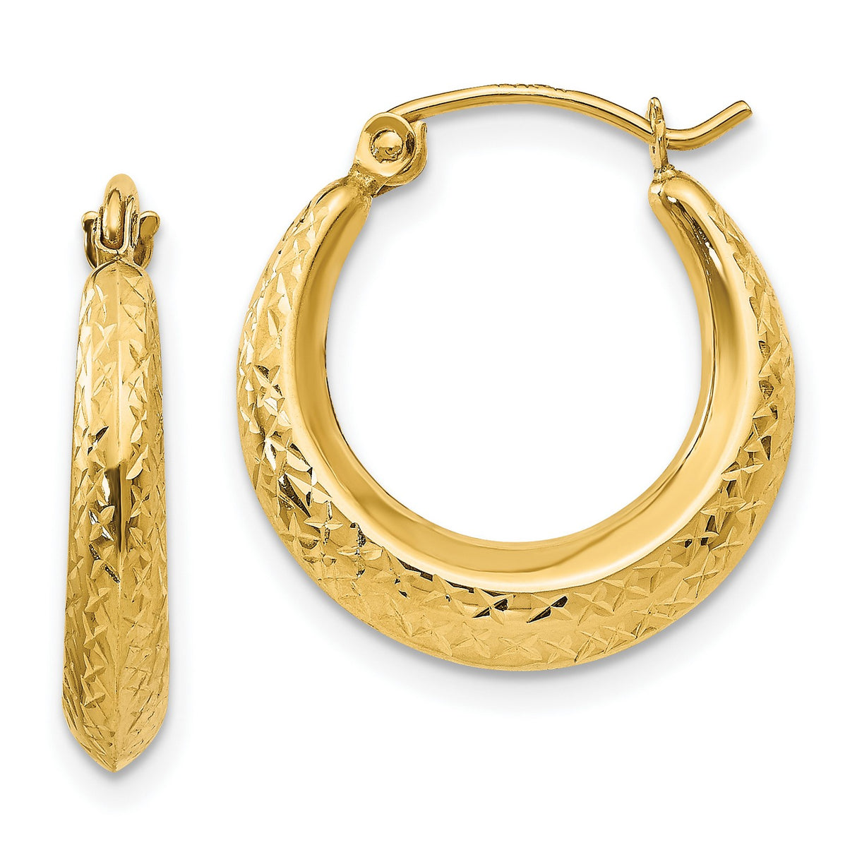 14k Yellow Gold Hoop Earrings with Tapered Design and Diamond Cut Texture