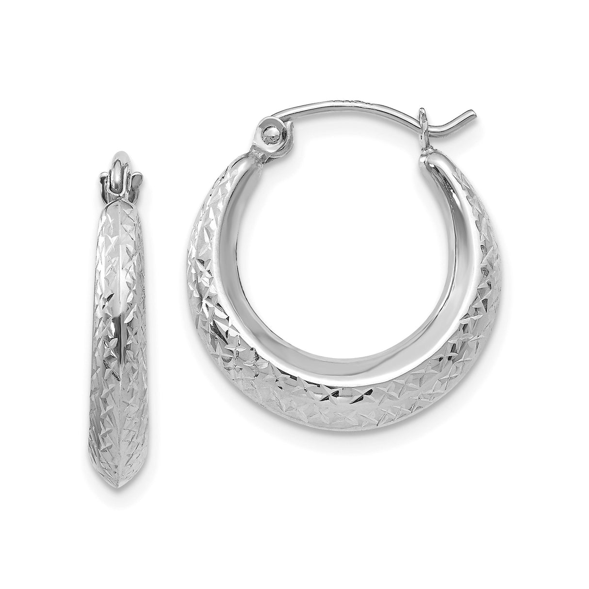 14k White Gold Hoop Earrings with Diamond Cut Faceted Textured Design for Women