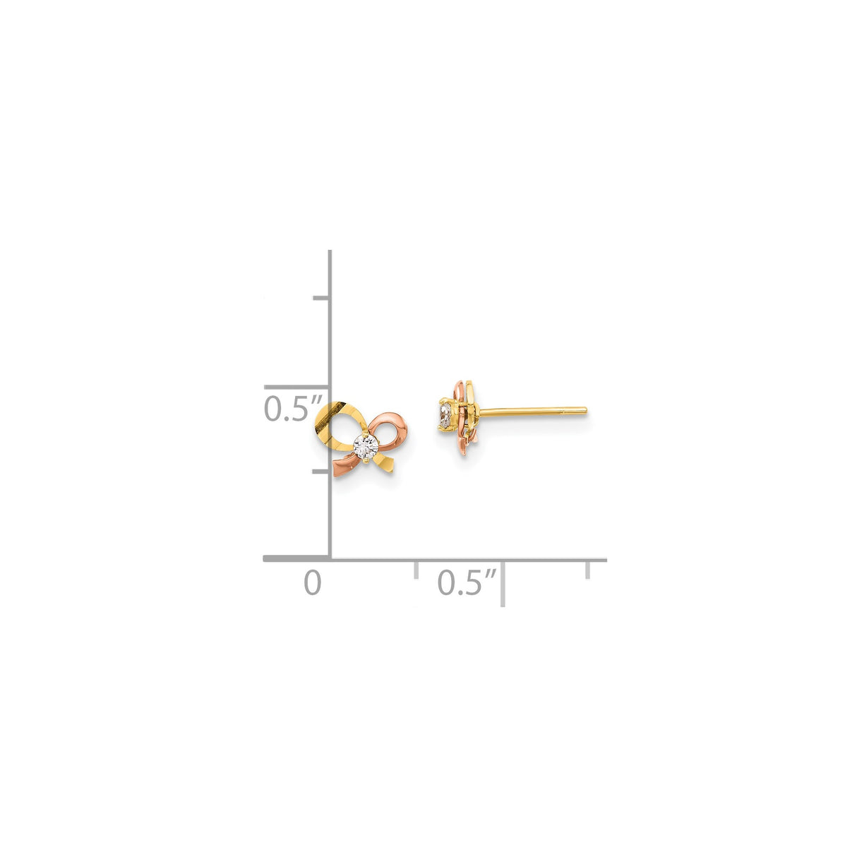 14k Yellow Gold Bow Stud Earrings with Cubic Zirconia, Two-Tone Ribbon Design for Women