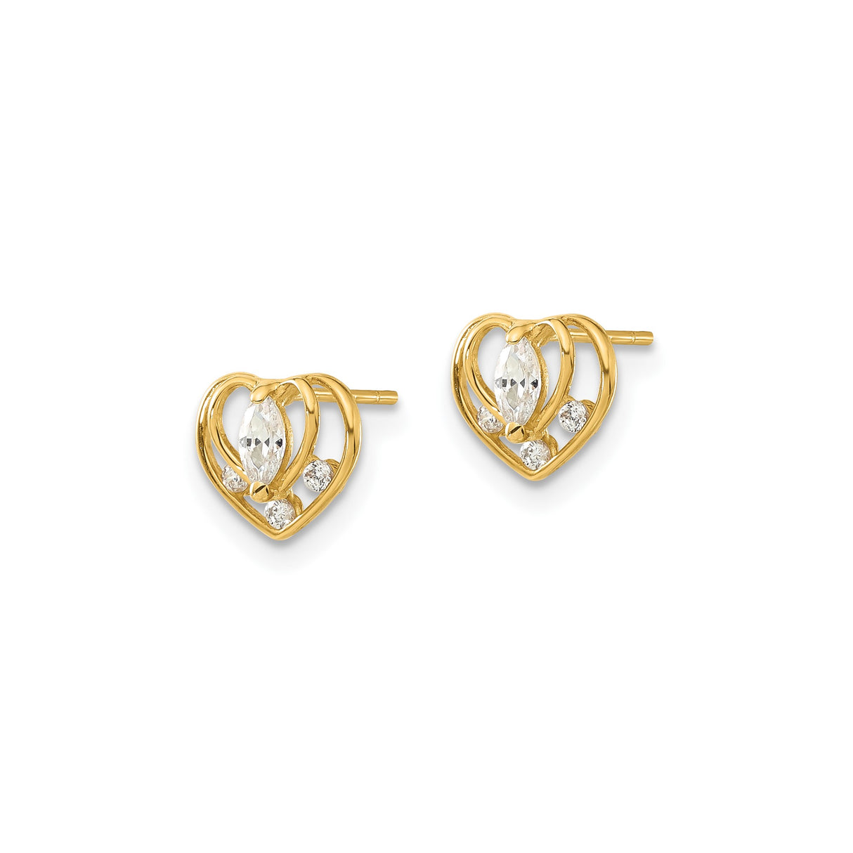 14k Yellow Gold Heart Stud Earrings with Marquise Cut Cubic Zirconia