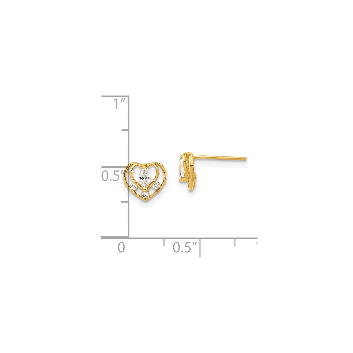 14k Yellow Gold Heart Stud Earrings with Marquise Cut Cubic Zirconia