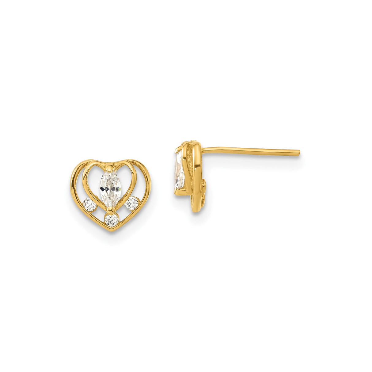 14k Yellow Gold Heart Stud Earrings with Marquise Cut Cubic Zirconia