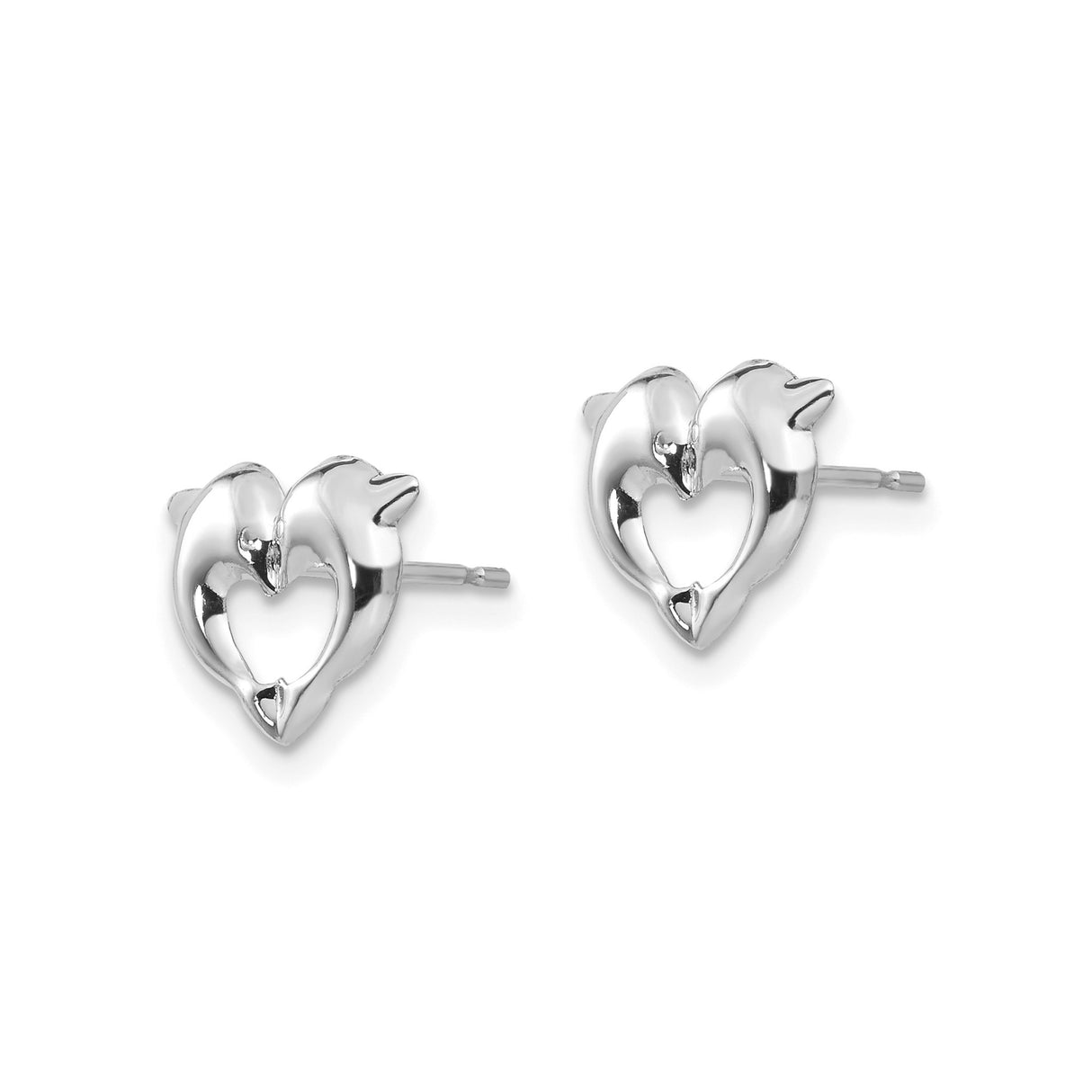 14k White Gold Dolphin Heart Stud Earrings, Ocean-Inspired Animal Motif Jewelry for Women