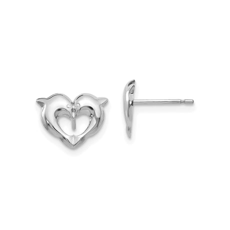 14k White Gold Dolphin Heart Stud Earrings, Ocean-Inspired Animal Motif Jewelry for Women