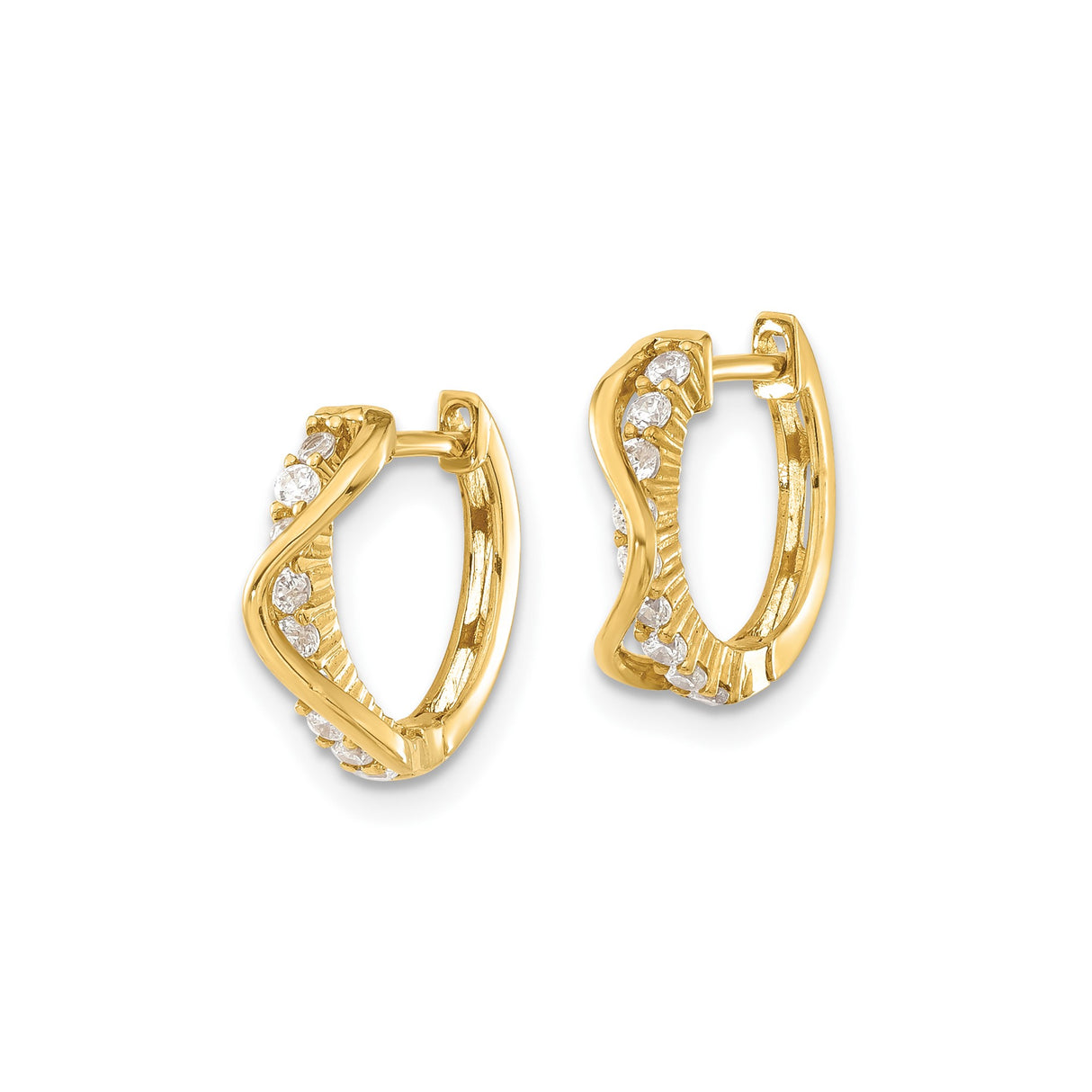 14k Yellow Gold Hoop Earrings with Cubic Zirconia, Twisted Design, Lightweight Modern Style