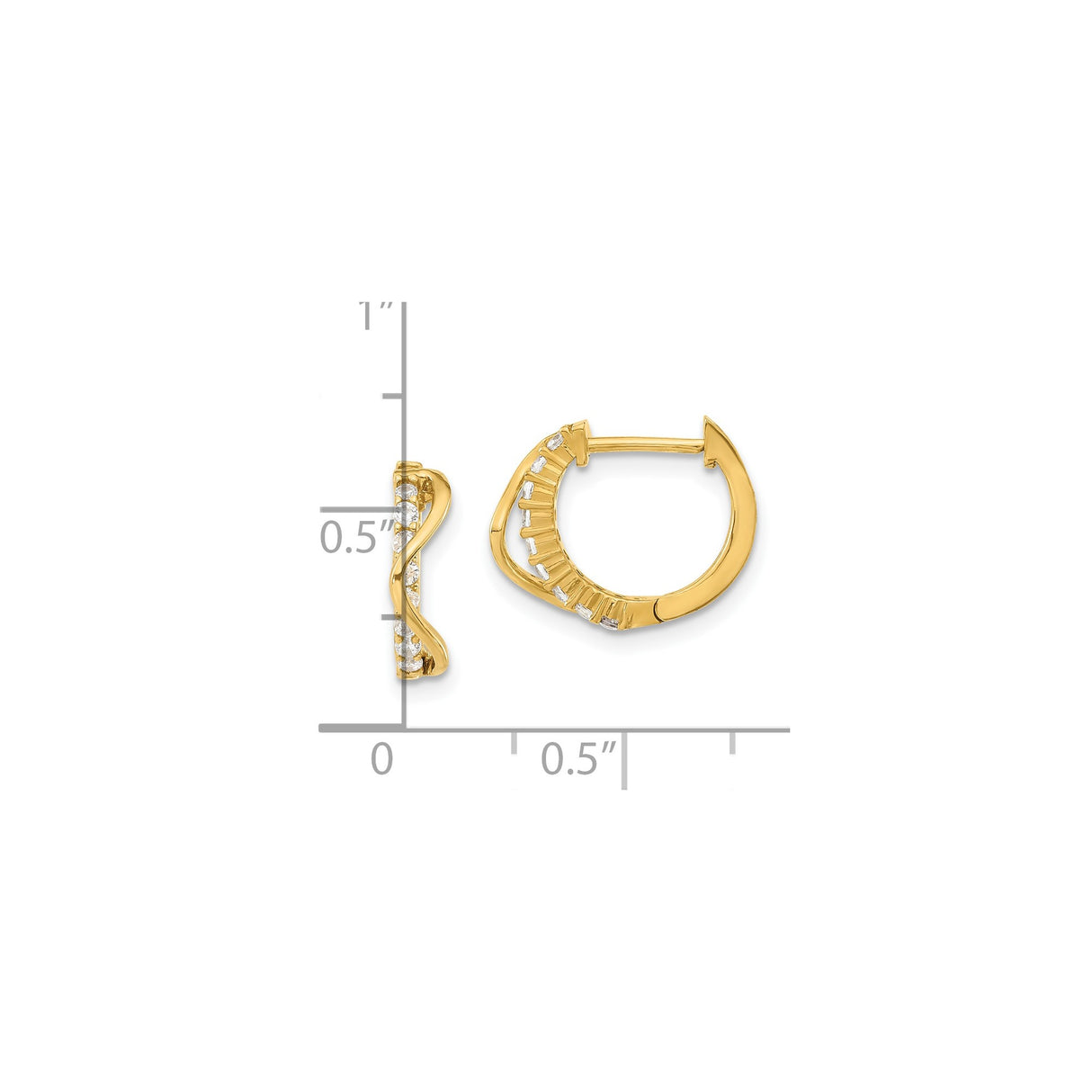 14k Yellow Gold Hoop Earrings with Cubic Zirconia, Twisted Design, Lightweight Modern Style
