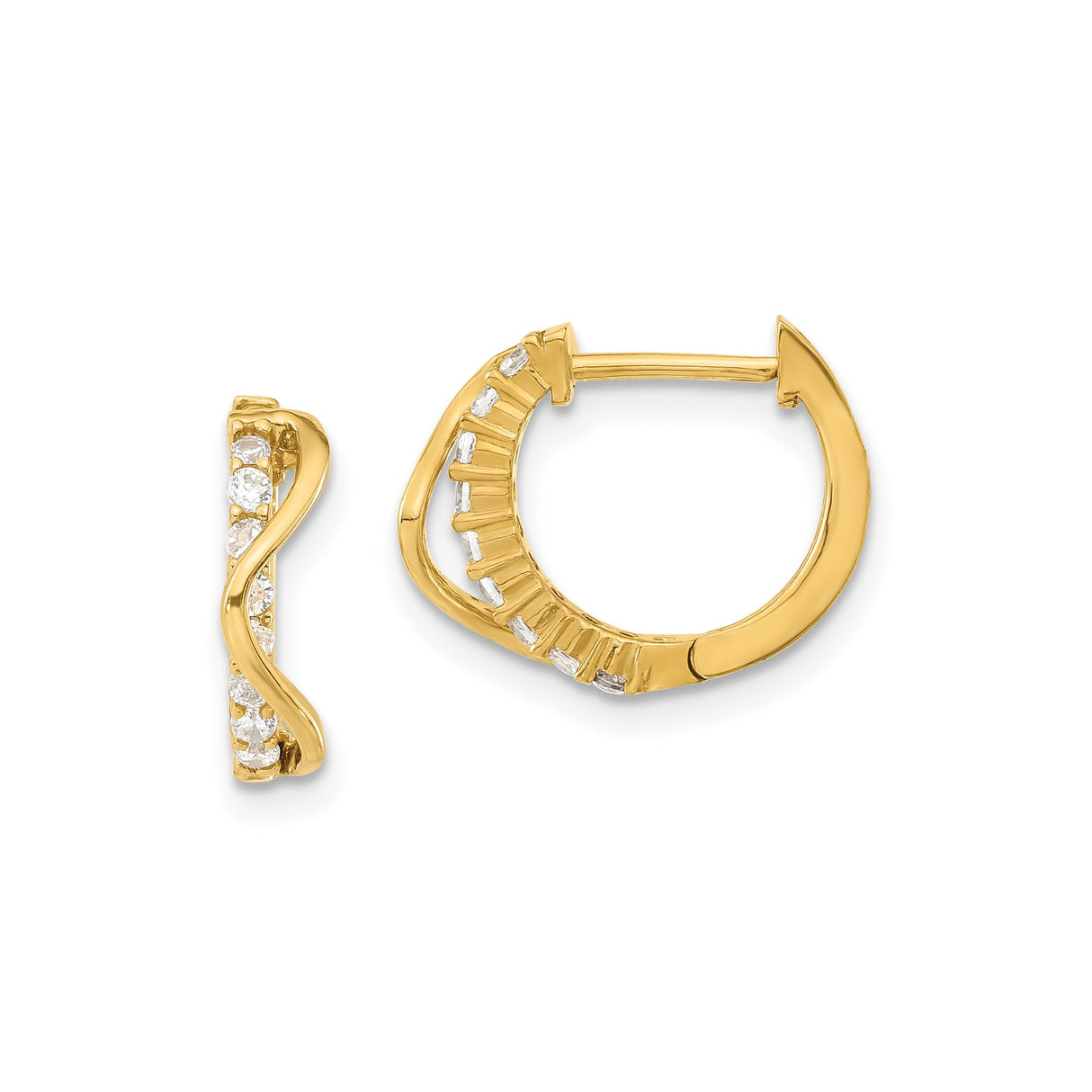 14k Yellow Gold Hoop Earrings with Cubic Zirconia, Twisted Design, Lightweight Modern Style