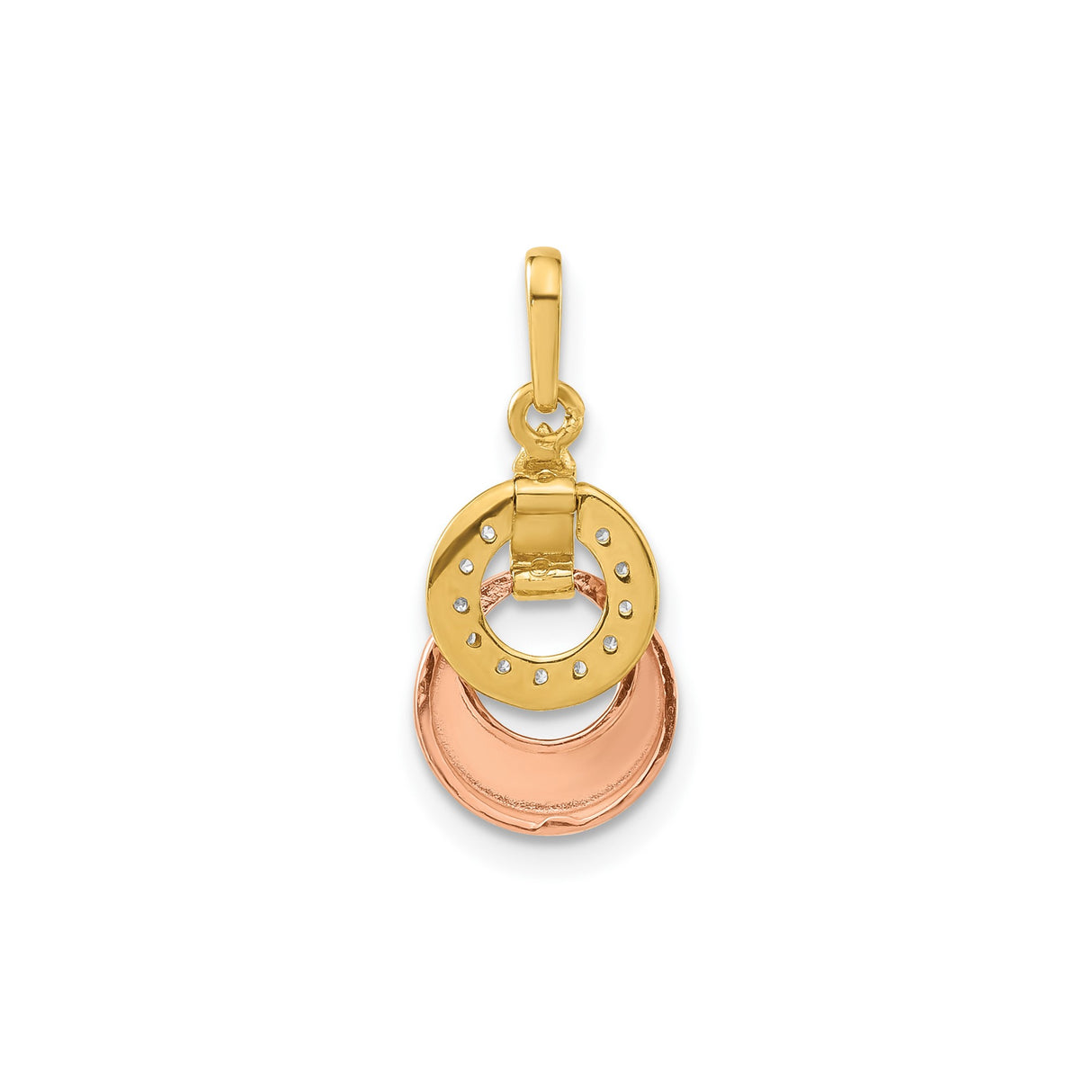 14k Yellow Gold Pendant with Cubic Zirconia, Interlocking Circles, Rose Gold Accent, Modern Design