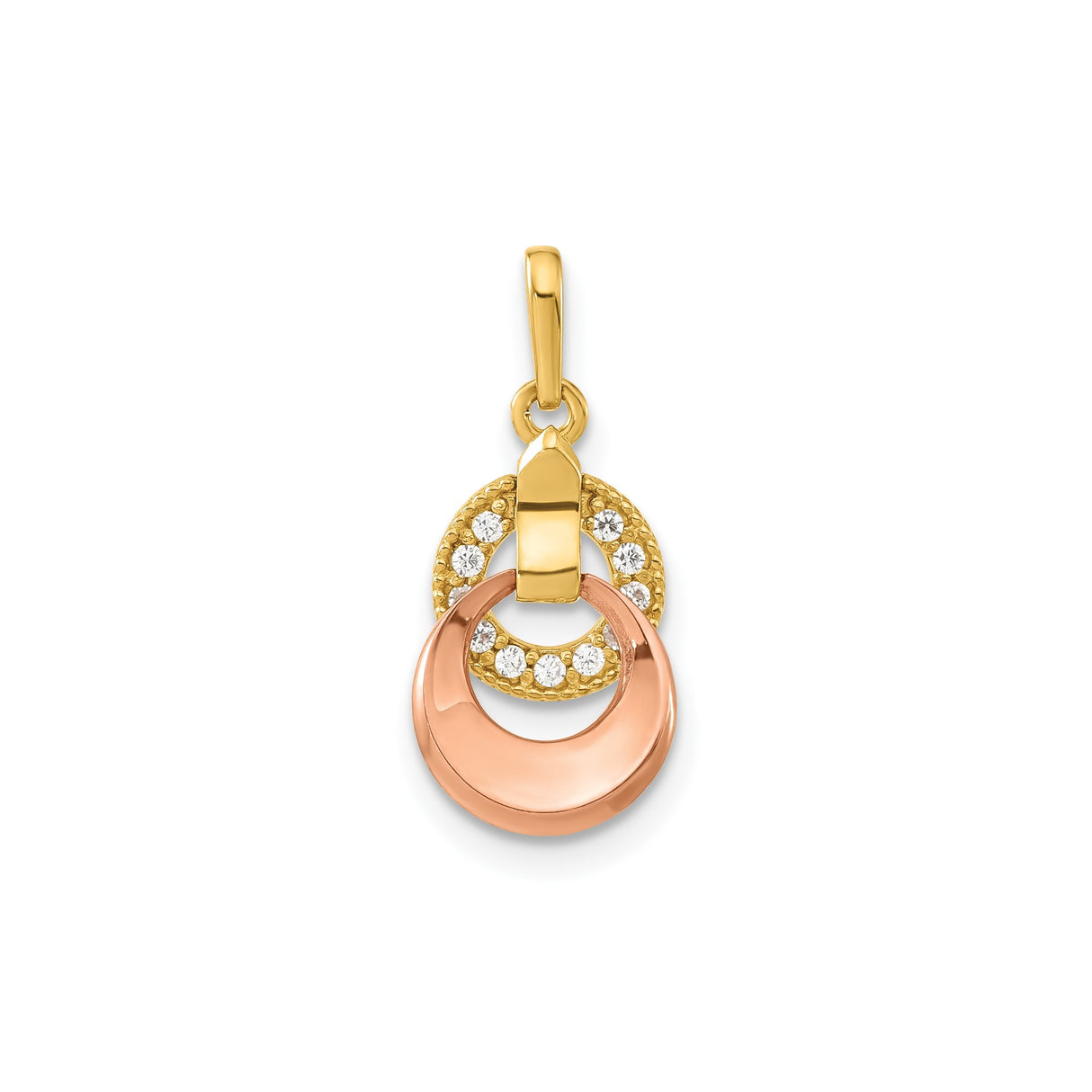 14k Yellow Gold Pendant with Cubic Zirconia, Interlocking Circles, Rose Gold Accent, Modern Design