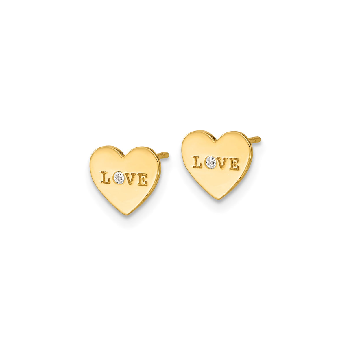 14k Yellow Gold Heart Stud Earrings with Cubic Zirconia and LOVE Engraving