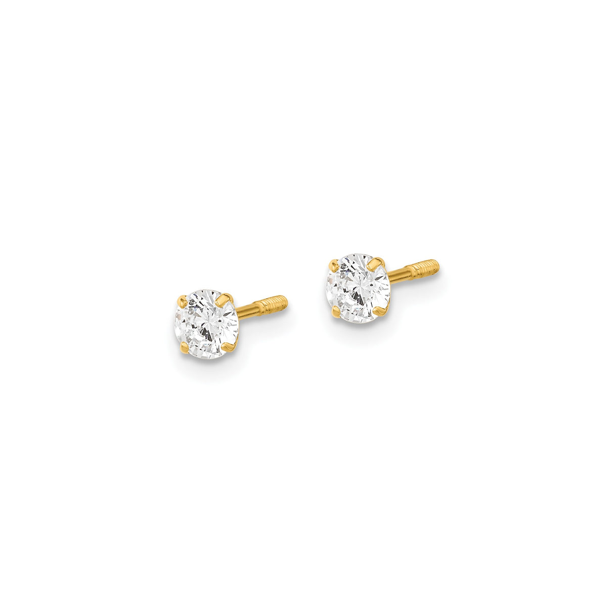 14k Yellow Gold Stud Earrings with Round Cut Cubic Zirconia, Screw Back, Solitaire Style